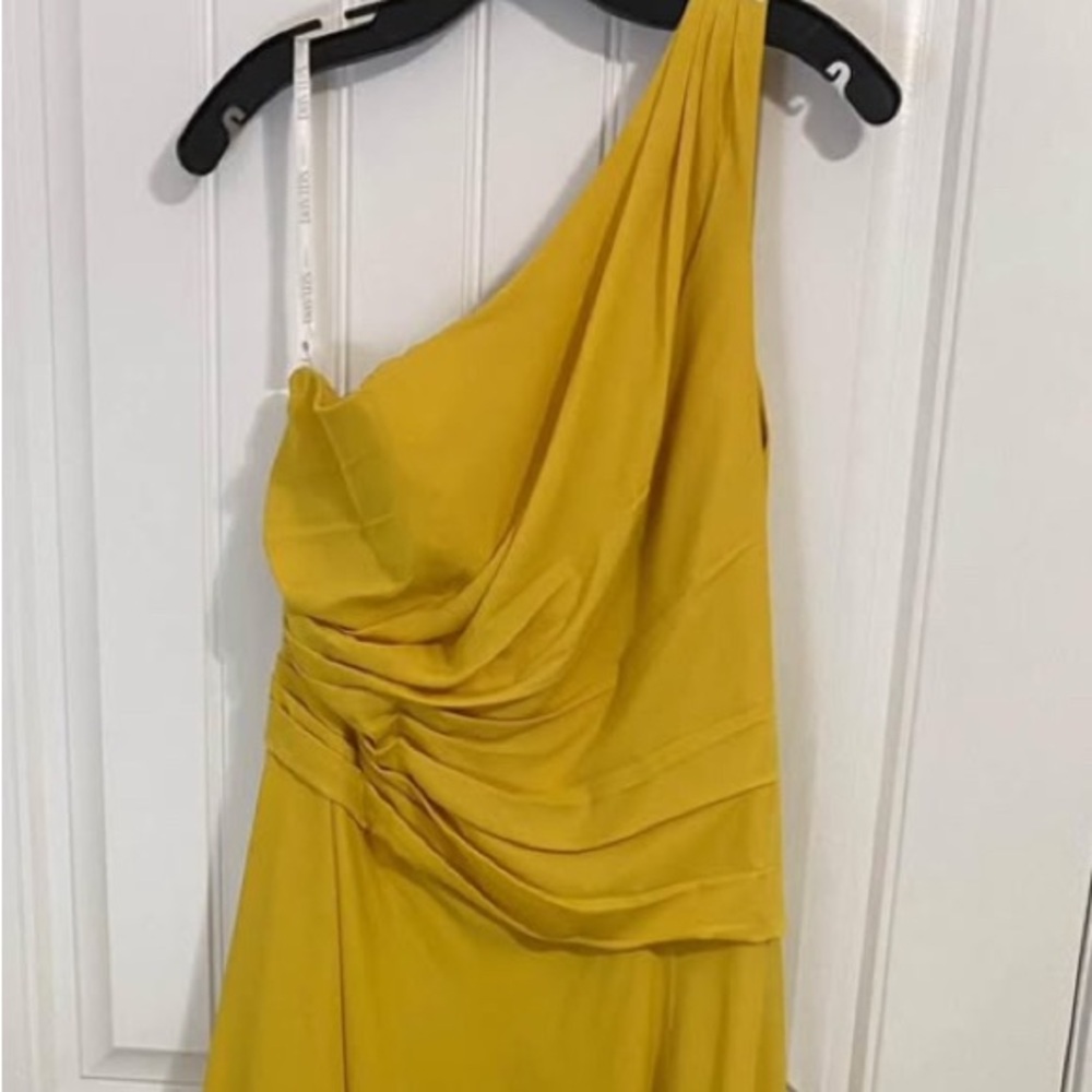 Gold One Shoulder Evening/bridesmaid gown from David’s Bridle